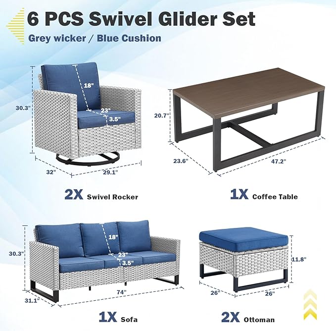 Belord 6 Piece Outdoor Furniture Patio Wicker Sofa Set, Oversize Outdoor Swivel - Image 2
