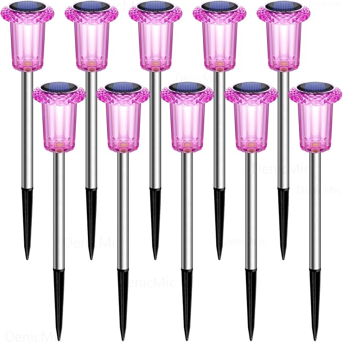 DenicMic Solar Lights Outdoor 10 Pack Waterproof Pink LED Stainless Steel Stake - Image 8