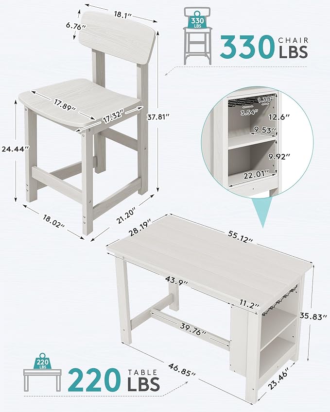 SERWALL 3-Piece Outdoor Counter Height Bar Set, HDPE Patio Bar Table - Image 3