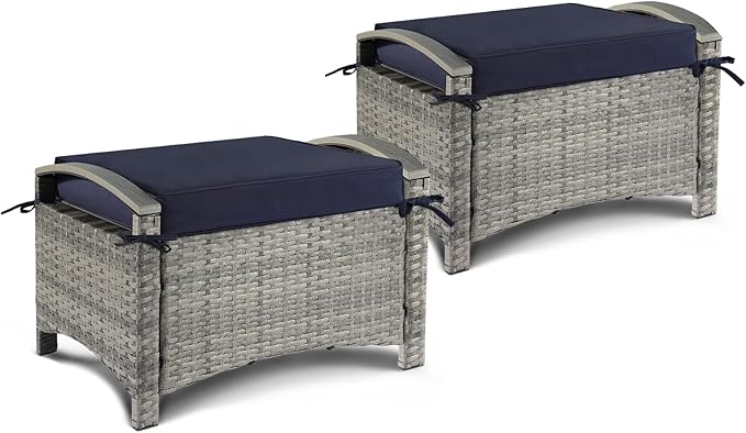 VINGLI Wicker Outdoor Ottoman Set of 2, All Weather PE Rattan Footstool by VINGLI