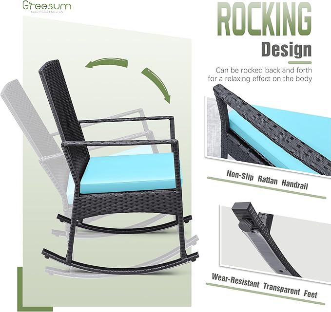 Greesum 3 Pieces Patio Furniture Set Outdoor Wicker Rocking Chairs - Image 4