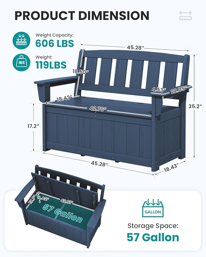 SERWALL HDPE Outdoor Storage Bench, All-Weather, UV-Resistant Deck Box - Image 3
