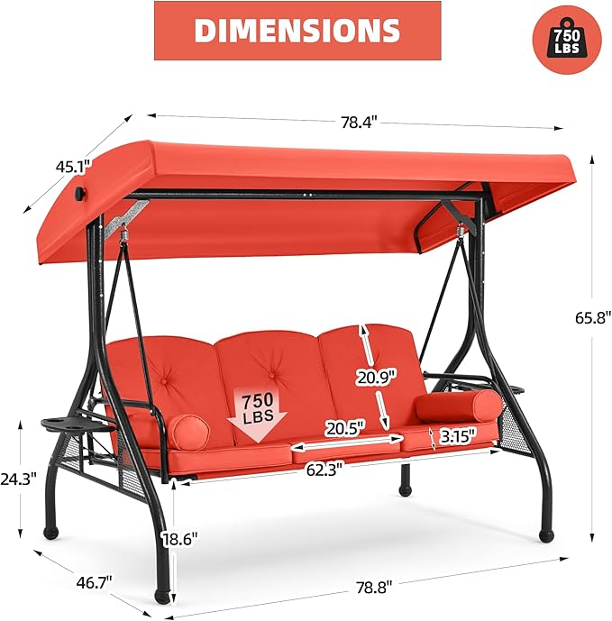 HOMREST 3 Seat Outdoor Porch Swing - Image 5