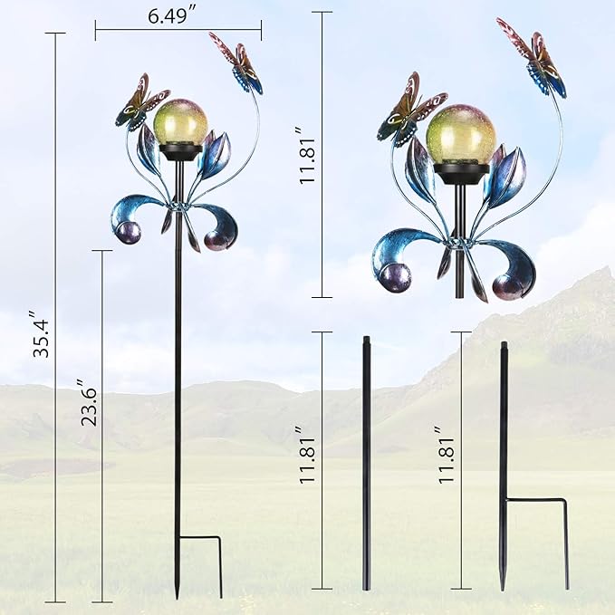 VCUTEKA Solar Lights Outdoor Metal Garden Stake Waterproof Crackle Glass Globe - Image 5