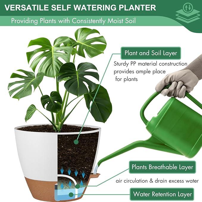 montresor 2 Pack 10 inch Plant Pots, PP Plastic Self Watering Plant Pot - Image 6
