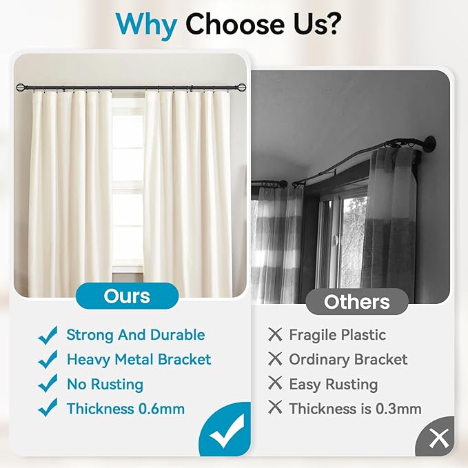 Black Curtain Rods for Windows 28 to 48 Inch, 2 Pack 5/8" Diameter Heavy Duty - Image 3