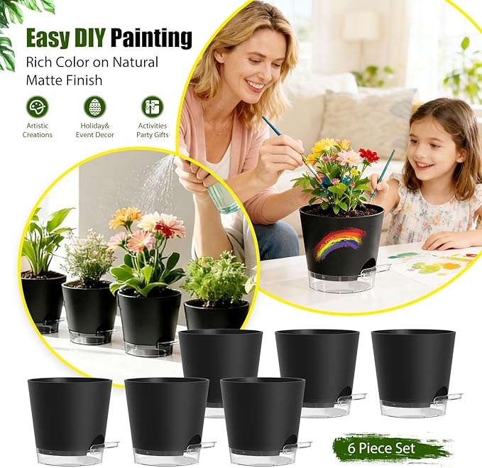 Plant Pots 6 Inch Self Watering Pots, 6 Pack Plastic Planters - Image 6