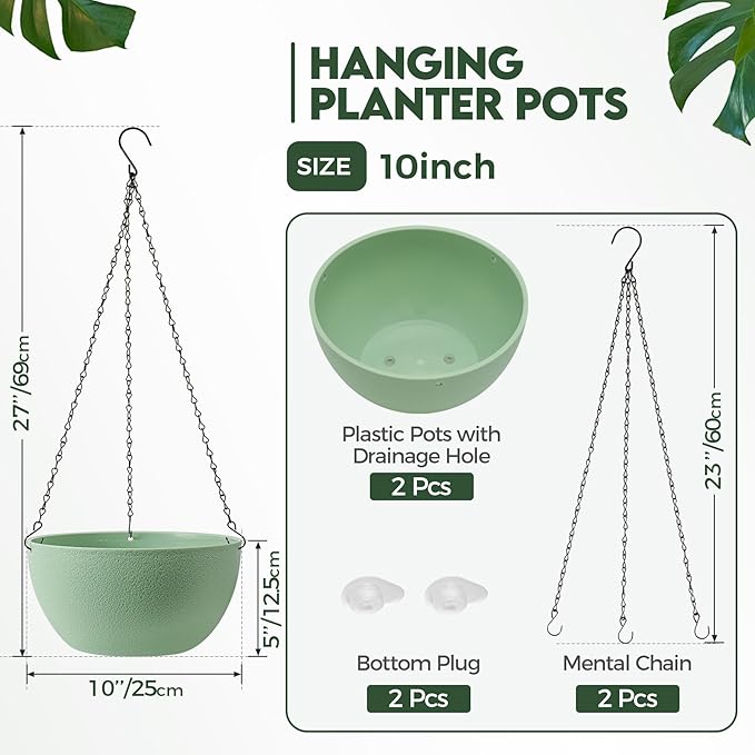 T4U 10 Inch Hanging Planters for Indoor Outdoor Plants, 2 Pack Plastic Hanging - Image 2