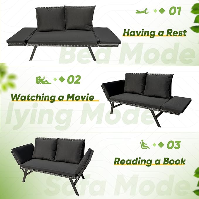 Greesum Outdoor Sofa, Woven Rattan Patio Furniture, Convertible Daybed or - Image 5