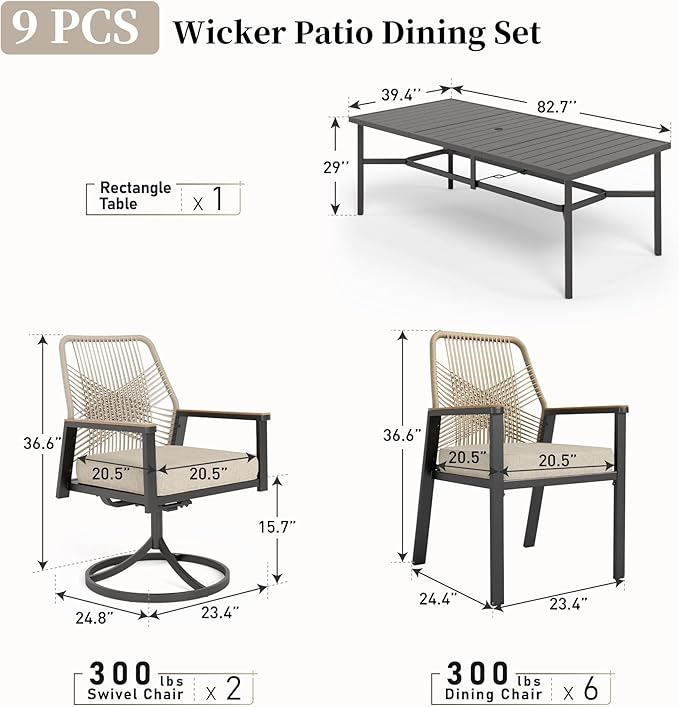 Patio Dining Set 9 Piece, 6 Woven Rattan Fixed Chairs and 2 Swivel Chairs - Image 3
