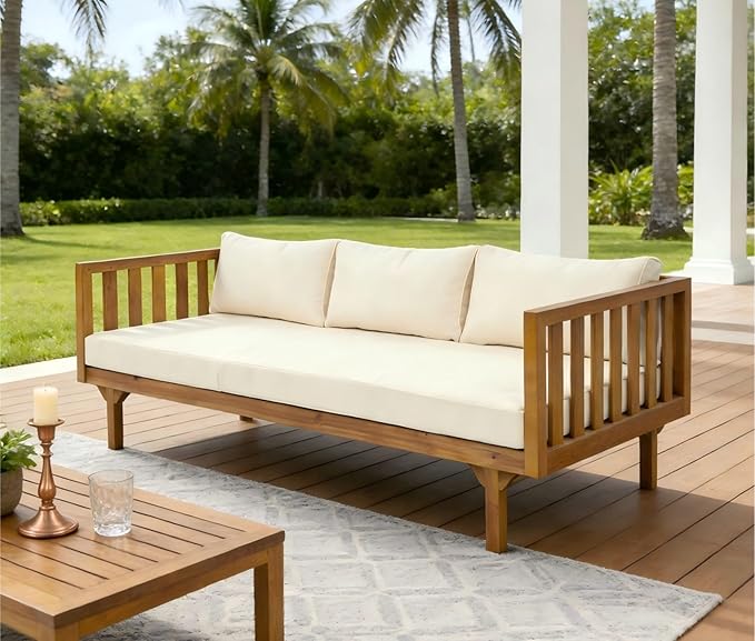 Merax Solid Acacia Wood Couch Chaise Lounge Chair Indoor, 3 Seater Daybed Sofa - Image 8