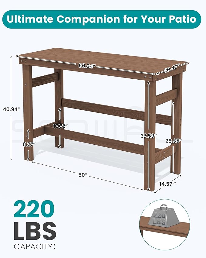 SERWALL 41" Outdoor Bar Table, All Weather HDPE Patio Bar Counter Height Table - Image 6