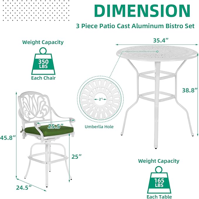 VIVIJASON 3-Piece Patio Swivel Bar Stools Set, All Weather Cast Aluminum - Image 6