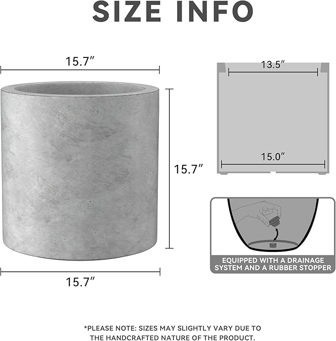Kante 15.7" Dia Round Concrete Planter, Modern Style Large Cylindrical Plant Pot - Image 2