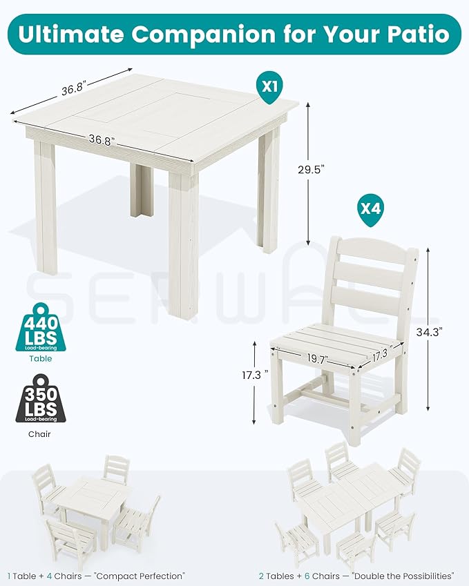 SERWALL Outdoor Dining Set for 4, HDPE Square Table and Chairs Set All Weather - Image 2