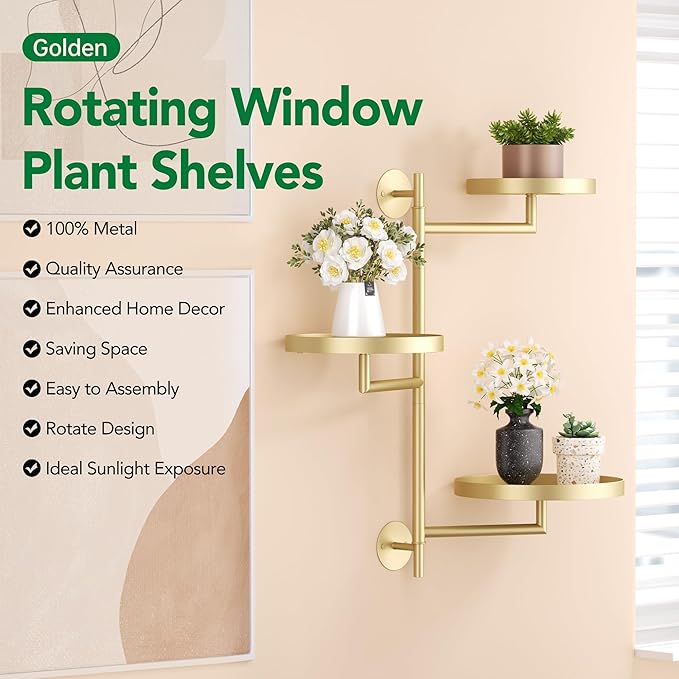 Rotating Window Shelves for Multiple Plants Indoor, 3-tier Metal Corner gold - Image 3