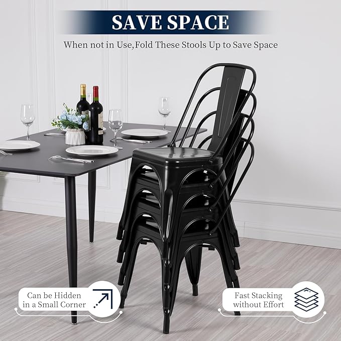 FDW | Metal Dining Chairs | Set of 4 | Black | Stackable Tolix Side Chairs - Image 4