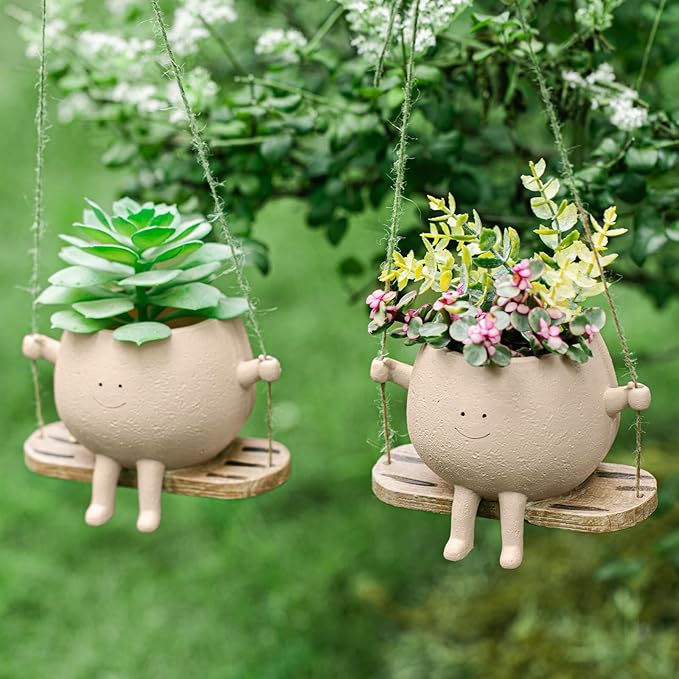 Domensi 2 Pcs Swing Hanging Planter Cute Smile Flower Face Pot Indoor Outdoor by Domensi