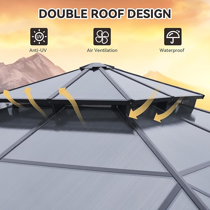 Aoxun 10'x10' Hardtop Gazebo, Outdoor Polycarbonate Double Top Canopy, Aluminum - Image 7