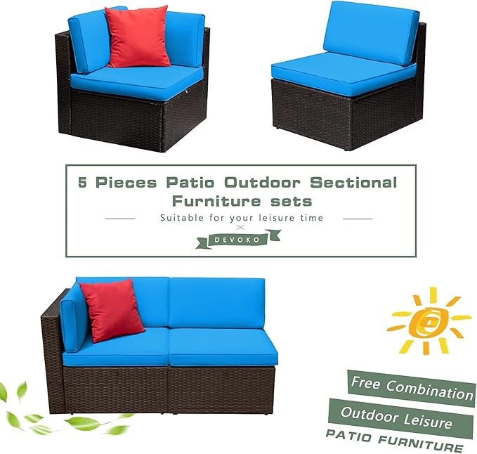 Devoko 2 Pieces Patio Furniture Sofa Sets Outdoor All Weather Sectional Corner - Image 5