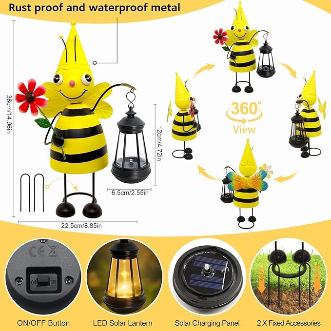 Garden Decor Bee Solar Statues, Unique Garden Statues Bee - Image 3