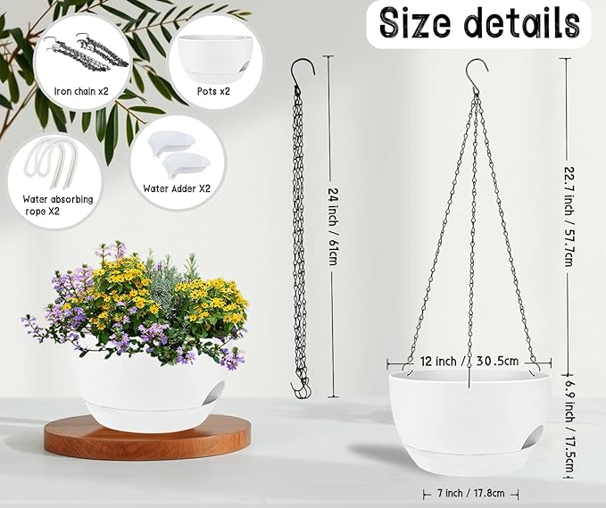 2 Pack 12 Inch Self Watering Hanging Planters - Image 3
