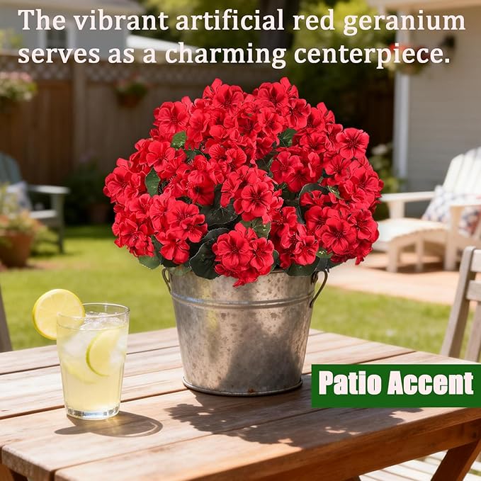 Artificial Flowers for Outdoors, 6 Bundles Realistic Silk Fake Red Geraniums - Image 4