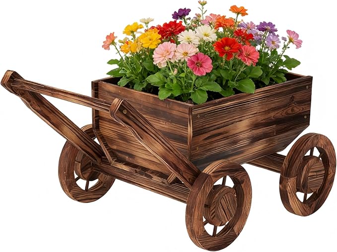 Wooden Flower Cart with Wheels Wooden Wagon Planter Outdoor Garden Planter by Dawnyard