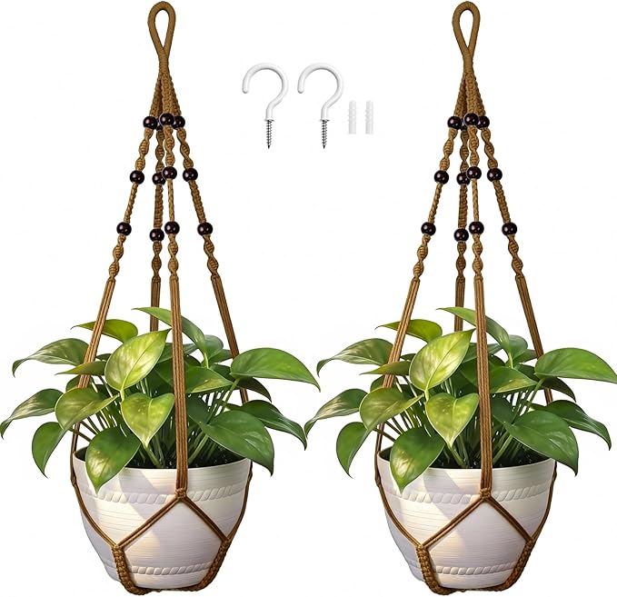 Macrame Plant Hanger, Wood Beads Cotton Hanging Planter Holder by Unknown
