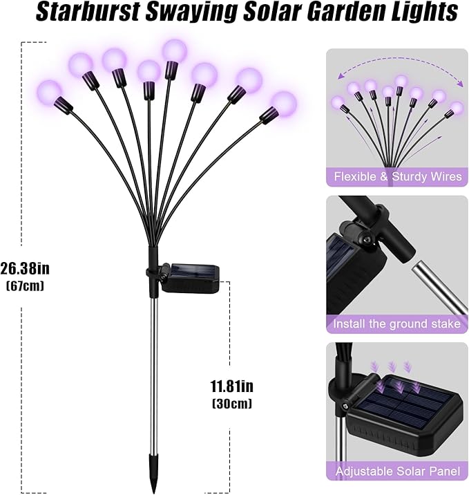 Solar Garden Lights 16 LEDs, 2 Pack 8 Heads, Outdoor Waterproof, Swaying - Image 7