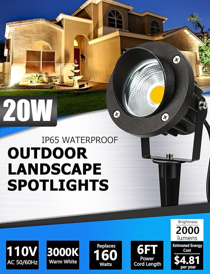 SUNVIE 20W Outdoor Spotlight LED Landscape Lighting 120V AC Waterproof Yard - Image 2
