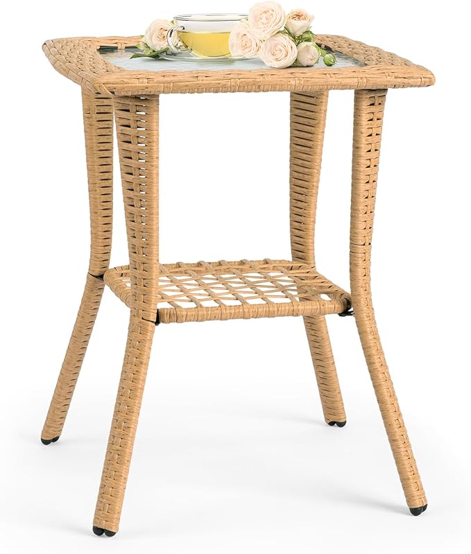 VINGLI Outdoor Side Table with Storage Wicker Patio Side Table, Tempered Glass - Image 4