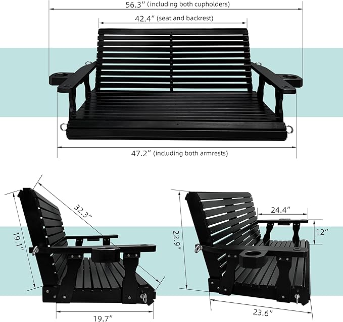 Wooden Porch Swing 2-Seater, High Backrest and Deep Seat, Bench Swing - Image 6