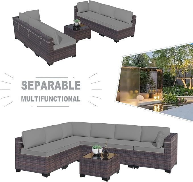Kullavik 7 Pieces Outdoor Patio Furniture Set PE Wicker Rattan Sectional Sofa - Image 4