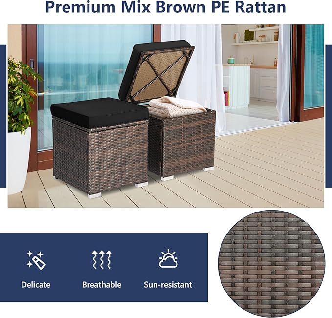 Tangkula 2 Pieces Patio Ottomans, Patiojoy Hand-Woven PE Rattan Side Table - Image 7