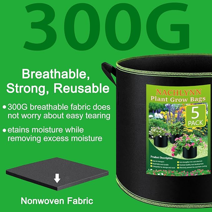 NACHLYNN 5-Pack 5 Gallon Grow Bags Heavy Duty Aeration Fabric Pots - Image 3