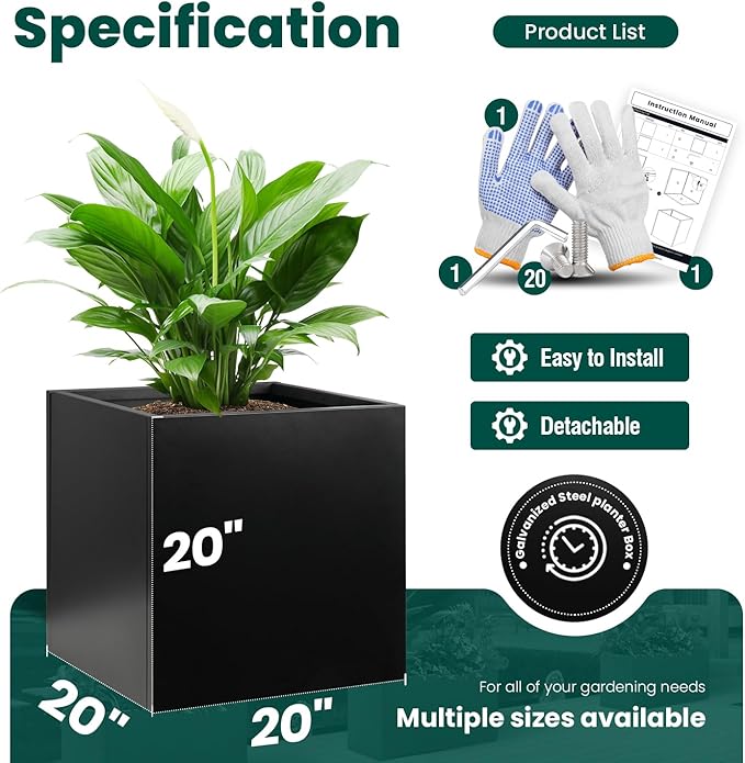 Galvanized Steel Planter Box Black Metal Planter 20Inch Large Square Indoor - Image 3