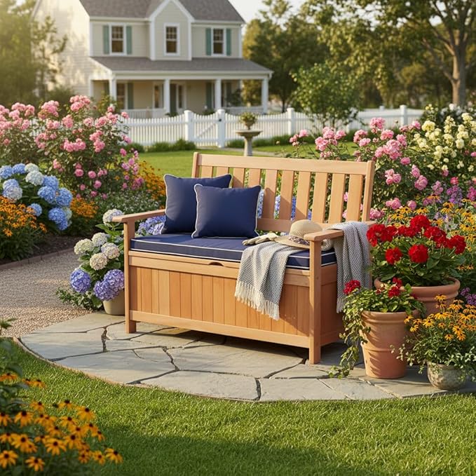 Tangkula 48 Inch Outdoor Wood Storage Bench Deck Box, Wooden Storage Loveseat - Image 5