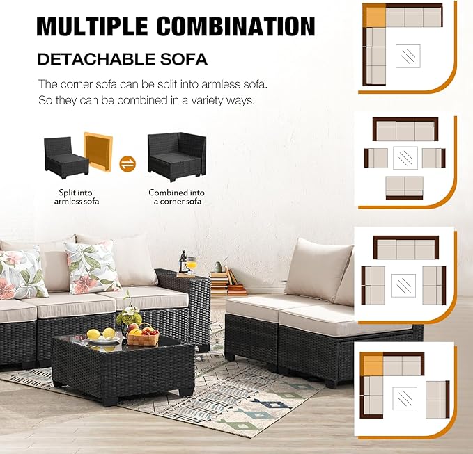 8 Pieces Patio Furniture Set All-Weather Outdoor Wicker Sectional Conversation - Image 6