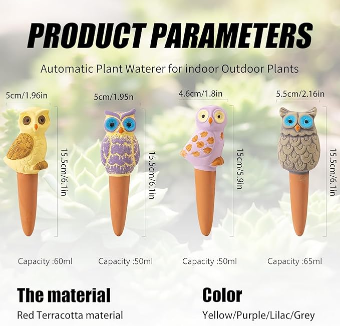4 Pack Handmade Terracotta Owl Watering Spikes and Globes, Self-Watering Plant - Image 2