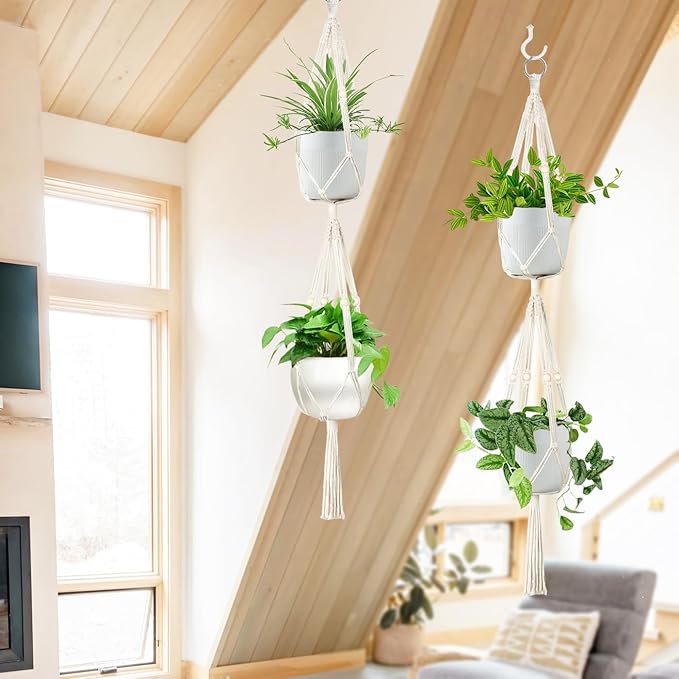 Belit 2 Pack Double Macrame Plant Hangers 2 Tier Hanging Planter Basket - Image 7