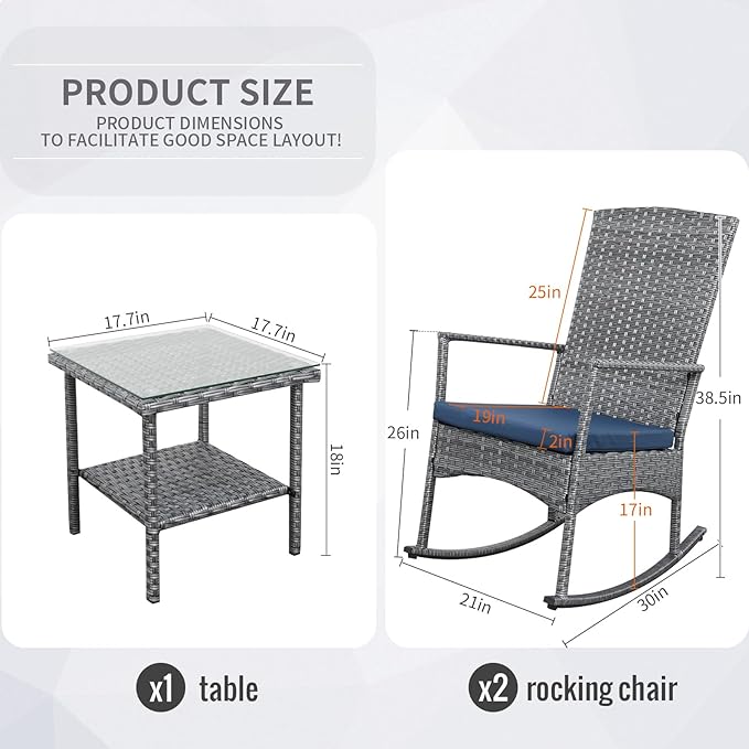 Rocking Chair Outdoor 3 Pieces High-Backed Patio Rocking Chairs Bistro Table - Image 2