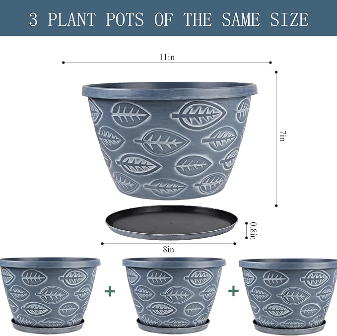 Outdoor Flower Pots for Plants Set of 3 Pack 11 Inch Planter Pot, Large Plastic - Image 2