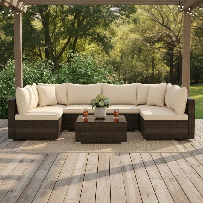 Tangkula 7 Pieces Wicker Patio Furniture Set, All-Weather Outdoor Rattan - Image 3