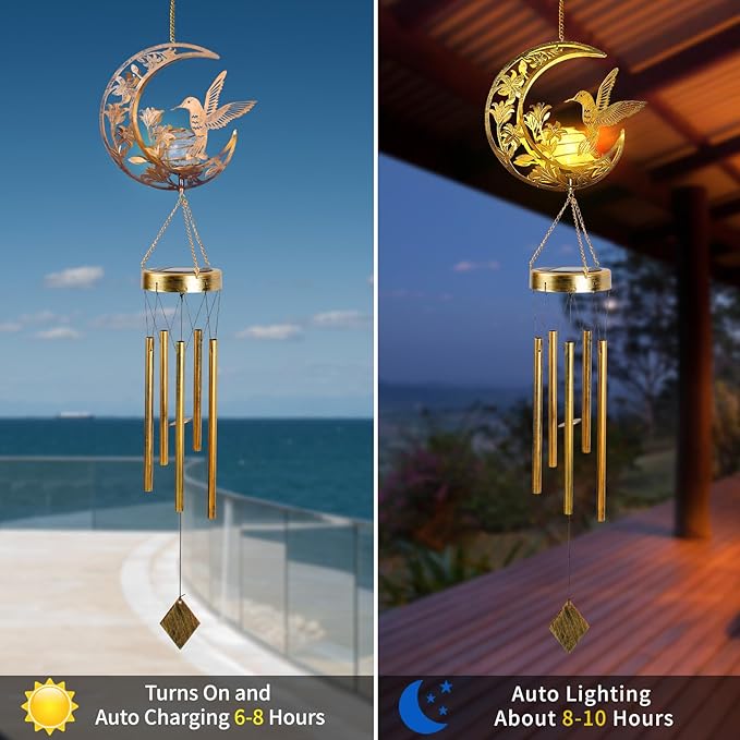 Moon Hummingbird Wind Chime Outdoor, Handcrafted Metal Garden Wind Chimes - Image 4