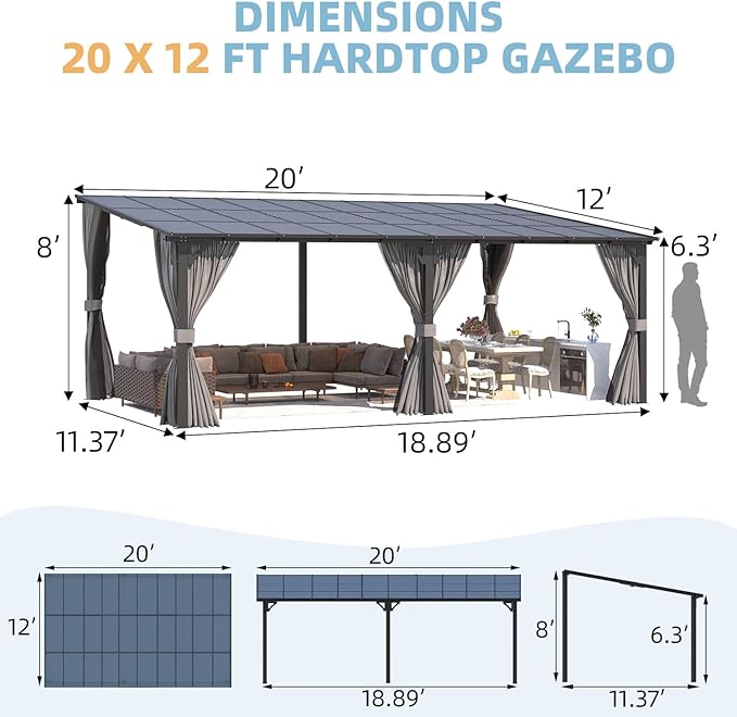 AECOJOY 20' X 12' Gazebo for Patio, Large Wall-Mounted Lean to Pergola Gazebo - Image 7