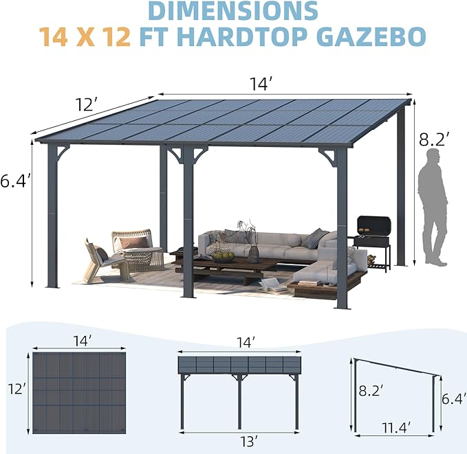 AECOJOY 14' x 12' Gazebo Outdoor Pergola, 12x14 Large Wall-Mounted Hard Top - Image 7