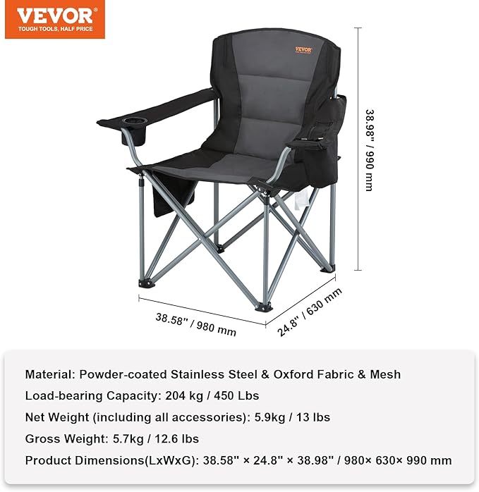 VEVOR Oversized Camping Folding Chair, Portable Heavy Duty Outdoor Quad Lumbar - Image 3