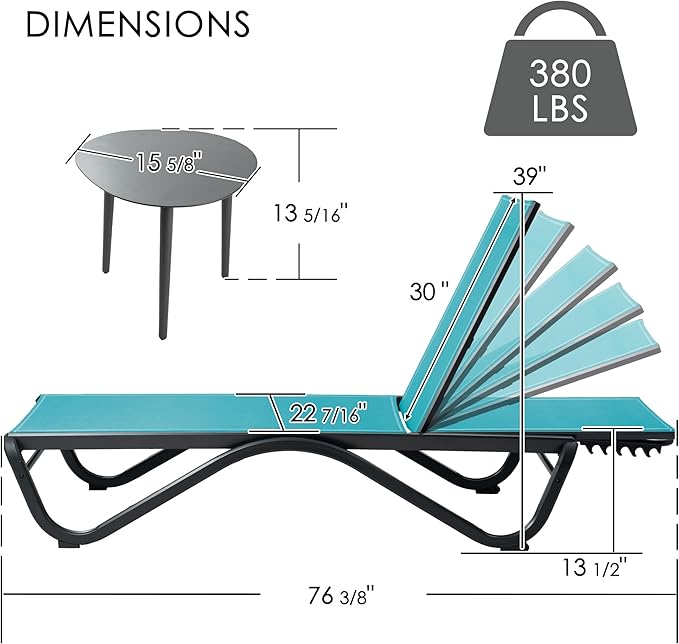 Kozyard Outdoor Chaise Lounge Chair, Full Aluminum Frame, Adjustable Reclining - Image 2