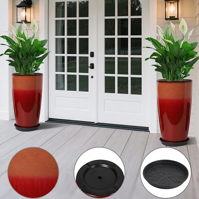 Set of 2 Lightweight Ceramic-Look Tall Planter, 21 inch Large Plastic Planter - Image 4